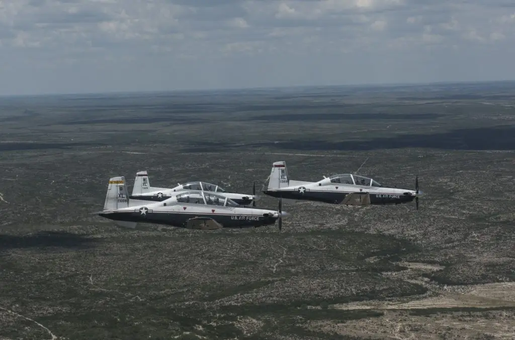 Three T-6A Texan II aircraft practice advanced aerial maneuvers in Del Rio, Texas, June 25, 2020. The purpose of the training was to further develop flying capabilities and skills of experienced instructor pilots through advanced form flight. (U.S. Air Force photo by Master Sgt. JT May III)
